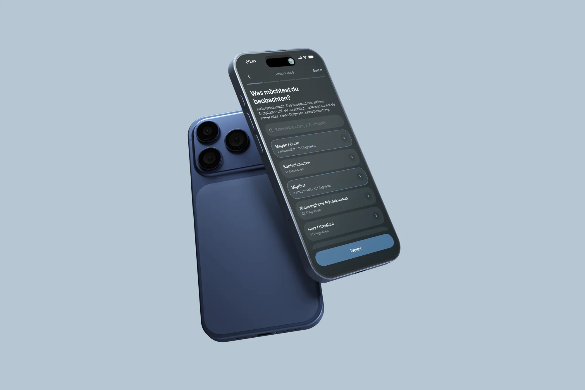 Zwei iPhones mit dem rubi-Onboarding im Dunkelmodus: Was möchtest du beobachten? Auswahl von Beschwerdebildern wie Magen/Darm, Kopfschmerzen, Migräne