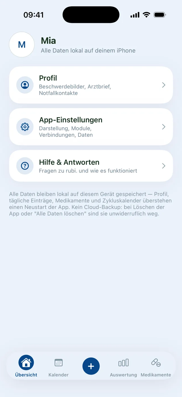 Profil in rubi: Alle Daten lokal auf deinem iPhone, Profil, App-Einstellungen, Hilfe & Antworten